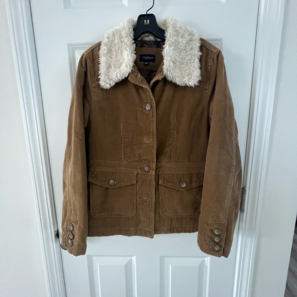 Sonoma Tan Corduroy Jacket with Cream Faux Fur Collar